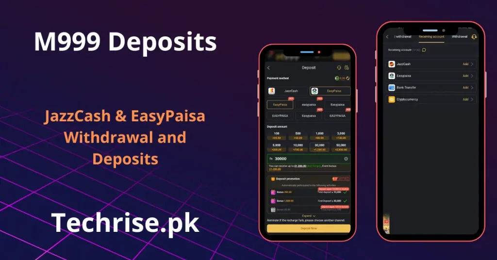 M999 Game deposit and withdrawal screen showing JazzCash and EasyPaisa payment options with bonus offers for Pakistani players.