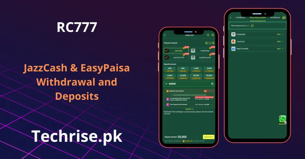 RC777 deposit and withdrawal screens supporting JazzCash and EasyPaisa payment methods.
Quick RC777 transactions with instant deposit bonuses and secure receiving accounts.