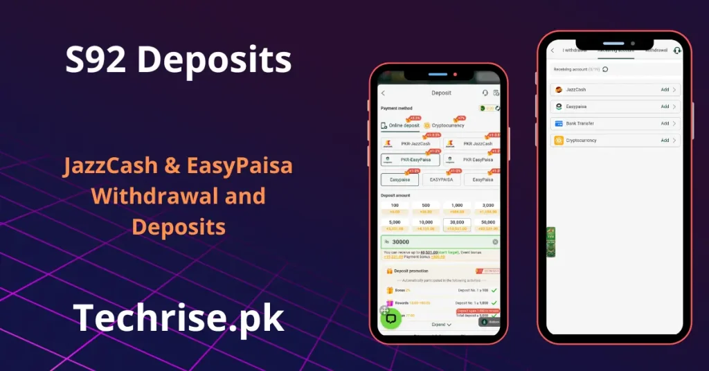 S92 deposit and withdraw screen showing JazzCash, EasyPaisa and cryptocurrency payment options on techrise.pk