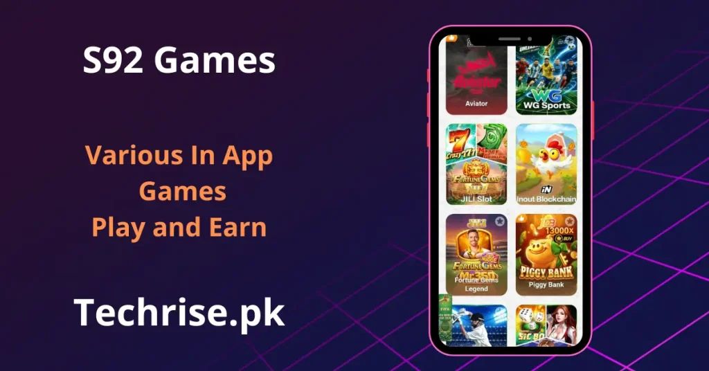 S92 games in app screen showing Aviator, WG Sports, Crazy777, Money Coming and Fortune Gems slot games on techrise.pk