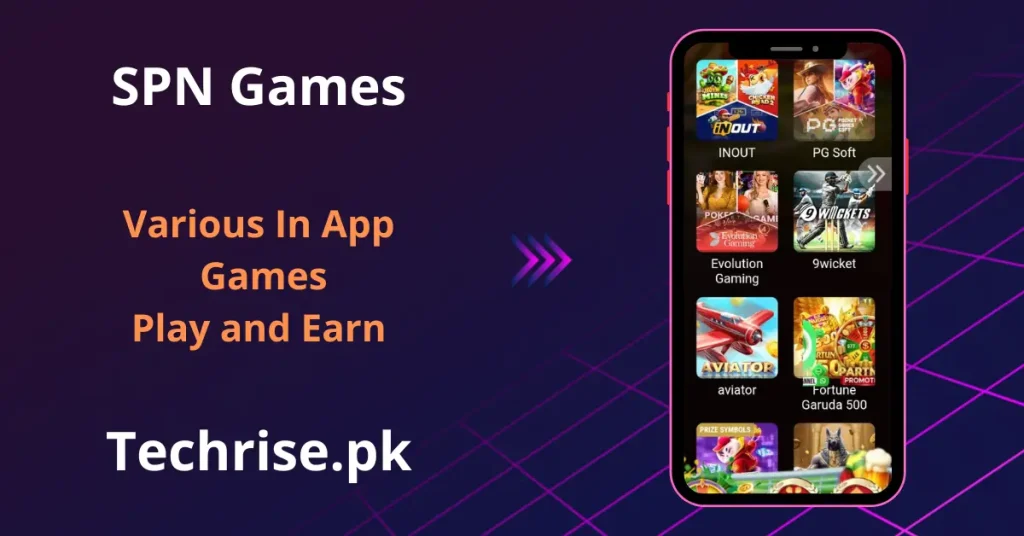 SPN app screen showing multiple games including INOUT, PG Soft, 9Wicket, and Aviator.
Play and earn through a variety of slot and sports games in the SPN app.