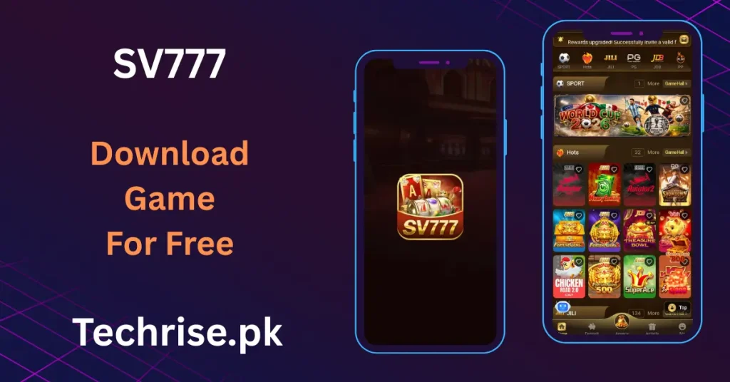 SV777 app interface with sports betting and hot slot games like Aviator2 and Fortune Gems. Get SV777 apk download for free from techrise.pk
