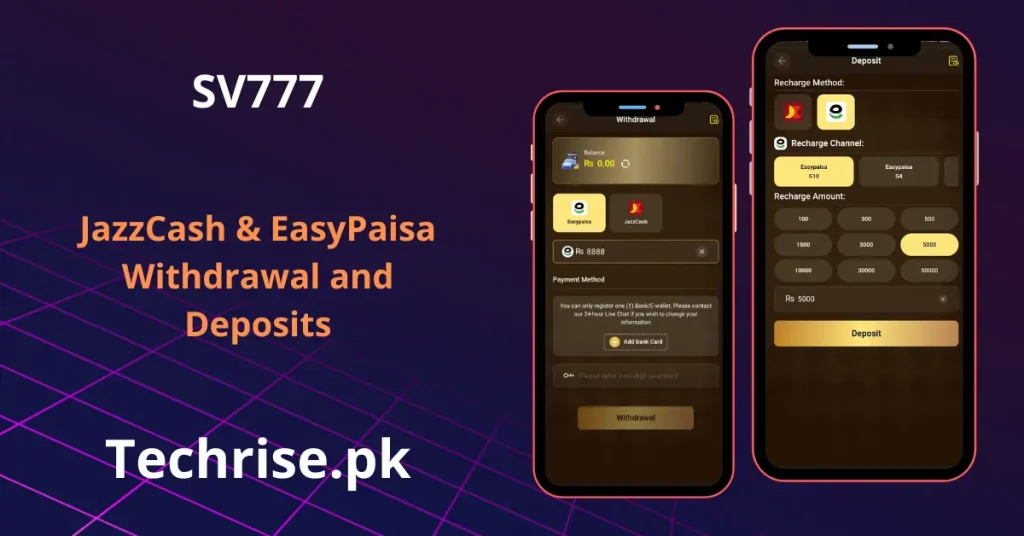 SV777 withdrawal and deposit screen with JazzCash and EasyPaisa support. Quick recharge methods available on SV777 app