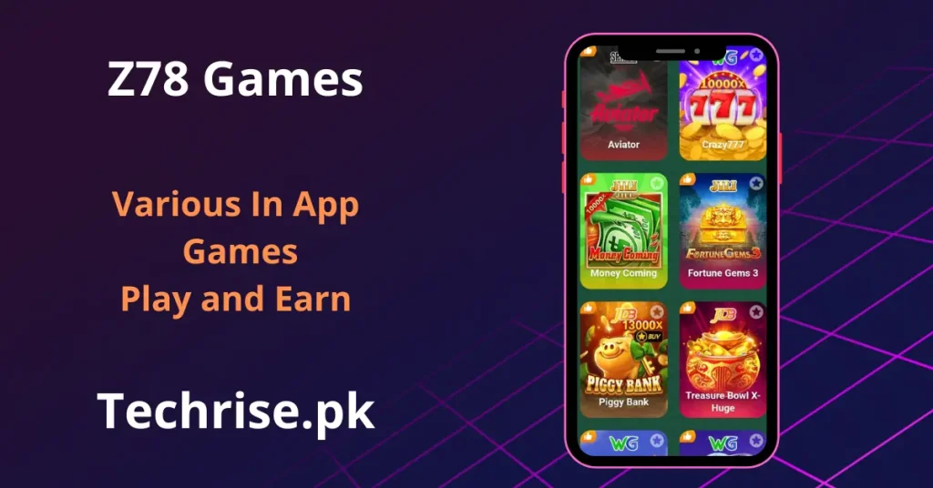 Z78 APK games in app screen showing Aviator, Crazy777, Money Coming, Fortune Gems 3 and Piggy Bank slot games on techrise.pk