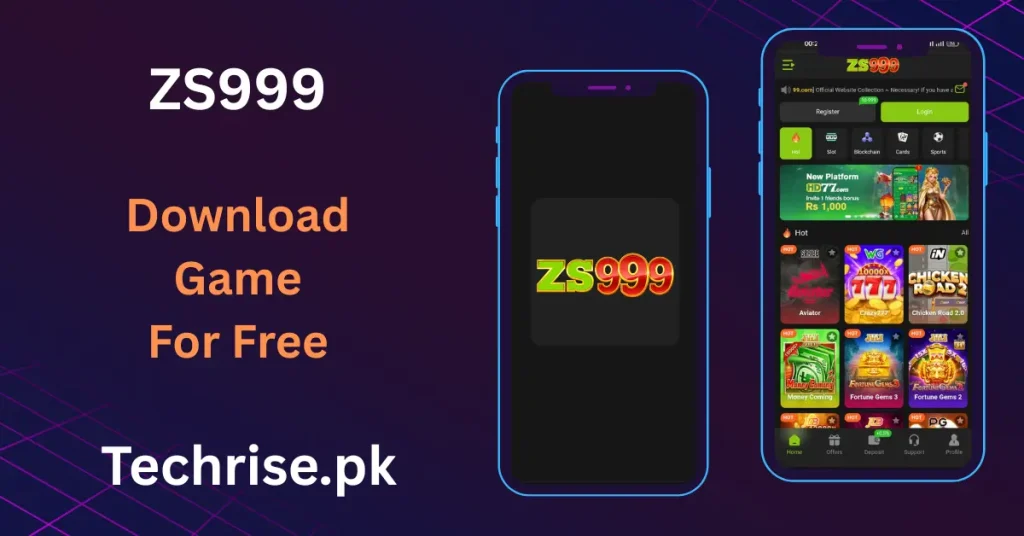 A promotional graphic for free ZS999 APK Download from Techrise.pk, featuring two smartphones that show the app's dark logo loading screen and its main interface with a bonus registration banner.