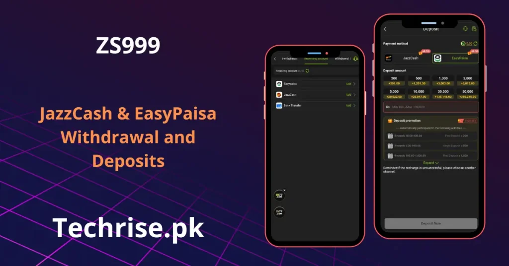 A promotional image showcasing the deposit and withdrawal screens of the ZS999 app on two smartphones, with an emphasis on JazzCash and EasyPaisa integration from Techrise.pk.