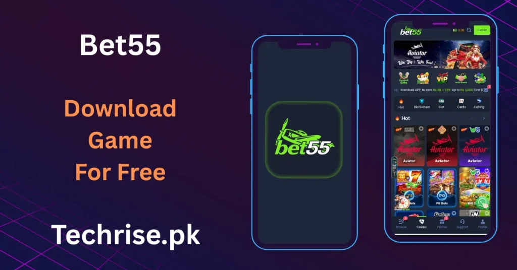 Display of the Bet55 mobile app interface on smartphone screens, featuring a promotional graphic that showcases free game downloads and app features from techrise.pk.