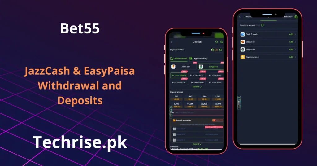 Bet55 app transaction screens showing deposit and withdrawal options via JazzCash, EasyPaisa, and cryptocurrency, highlighting secure payment methods and recharge amounts for techrise.pk users.