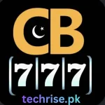 The CB777 app icon featuring a large orange "CB" with a white crescent and star inside the 'C', positioned above slot machine reels displaying "777" on a black background, above the techrise.pk domain.