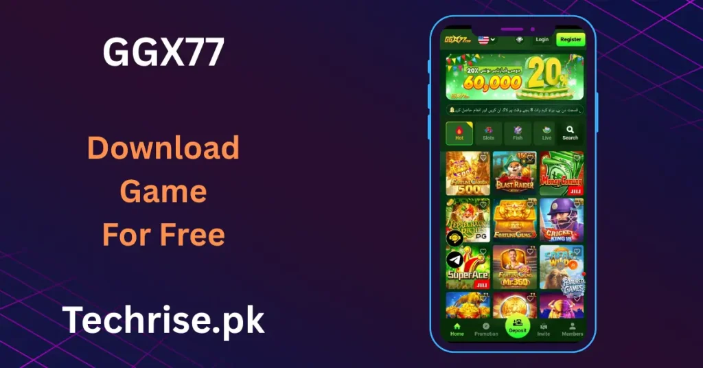 GGX77 app interface showing home screen with hot slots, promotions and 20% deposit bonus on techrise.pk