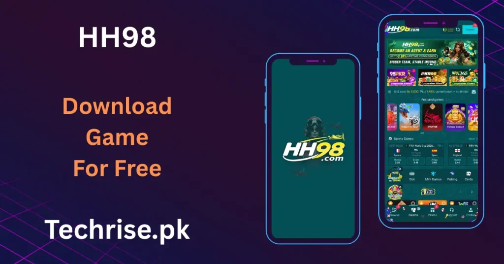 HH98.com app interface showing agent commission program and featured casino games.
Get the HH98 apk download for free with sports betting and slot game categories.