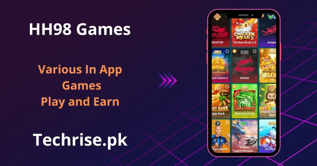 HH98 app screen showing various in-app games including Aviator, Chicken Road 2.0, and Fortune Gems 3.
Play and earn with a wide variety of slot and fishing games inside the HH98 app.