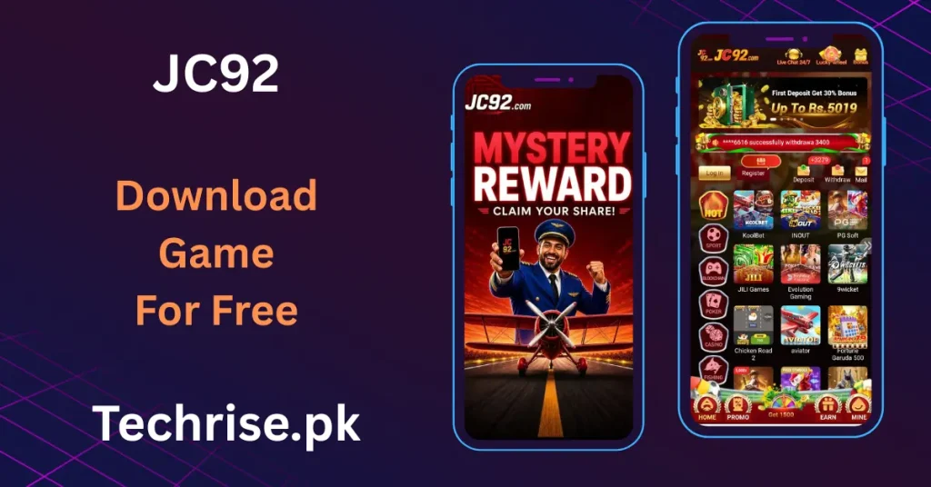 JC92 APK app interface showing mystery reward and free game download for Android on techrise.pk