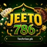 Official Jeeto786 app logo featuring gold text with cards, dice, and roulette icons. Jeeto786 gaming app logo showcased on Techrise.pk.
