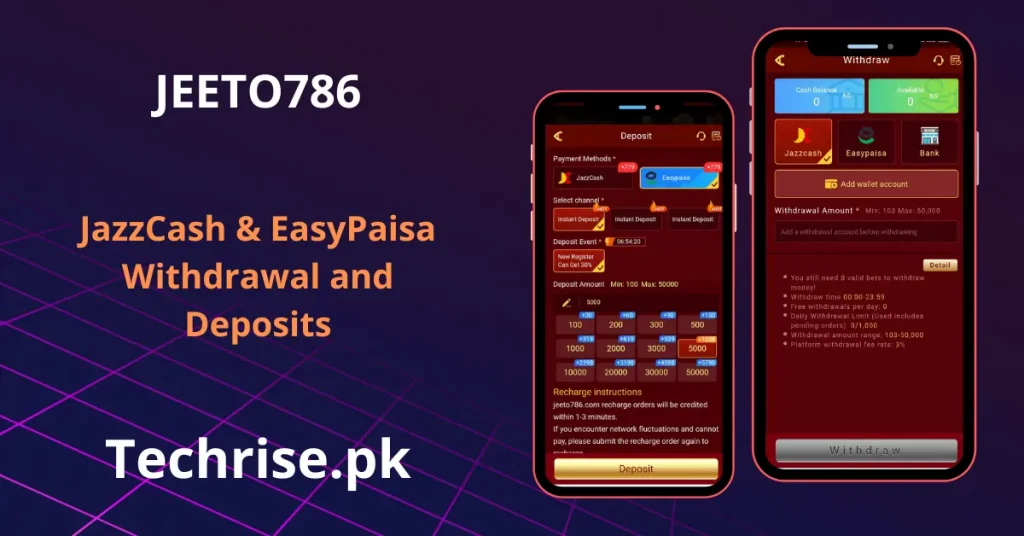 JEETO786 deposit and withdrawal screens supporting JazzCash and EasyPaisa payment methods.
Fast JEETO786 transactions with instant deposit bonuses and flexible withdrawal limits.