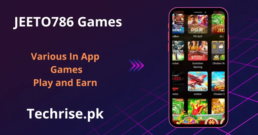 JEETO786 app screen showing multiple games including PG Soft, JILI, 9Wicket, and Aviator.
Play and earn through a variety of slot and sports games in the JEETO786 app.