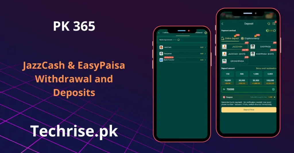 PK365 deposit and withdrawal screen supporting JazzCash and EasyPaisa payment methods.
Fast and secure PK365 transactions using JazzCash, EasyPaisa, and bank transfer