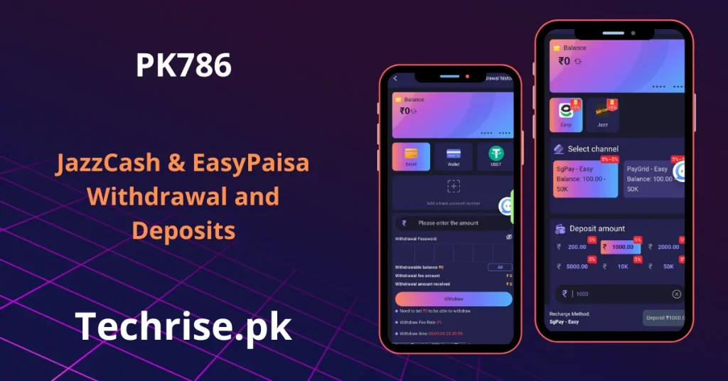 PK786 deposit and withdrawal screens showing balance, bank, wallet, and USDT payment options.
Fast PK786 transactions using JazzCash, EasyPaisa, and multiple recharge channels.