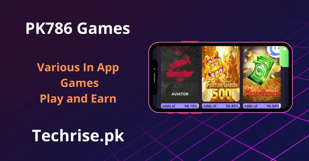 PK786 app screen displaying in-app games including Aviator, Fortune Garuda 500, and Money Coming.
Play and earn with various high-odds games available inside the PK786 app.