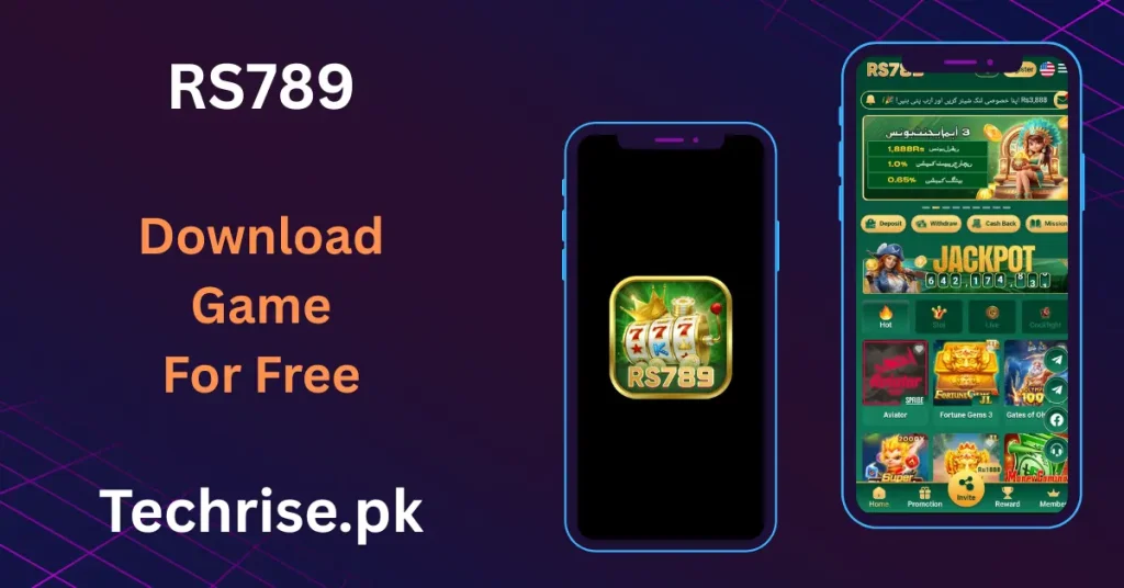 RS789 APK app interface showing logo splash screen and home page with jackpot and welcome bonus on techrise.pk