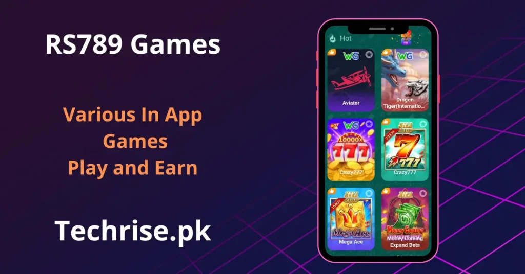 RS789 APK games in app screen showing Aviator, Dragon Tiger, Crazy777, Mega Ace and Money Coming slot games on techrise.pk