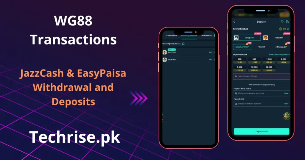 WG88 deposit and withdrawal screen supporting JazzCash and EasyPaisa payment methods.
WG88 app transaction page showing bonus deposit amounts for Pakistani players.