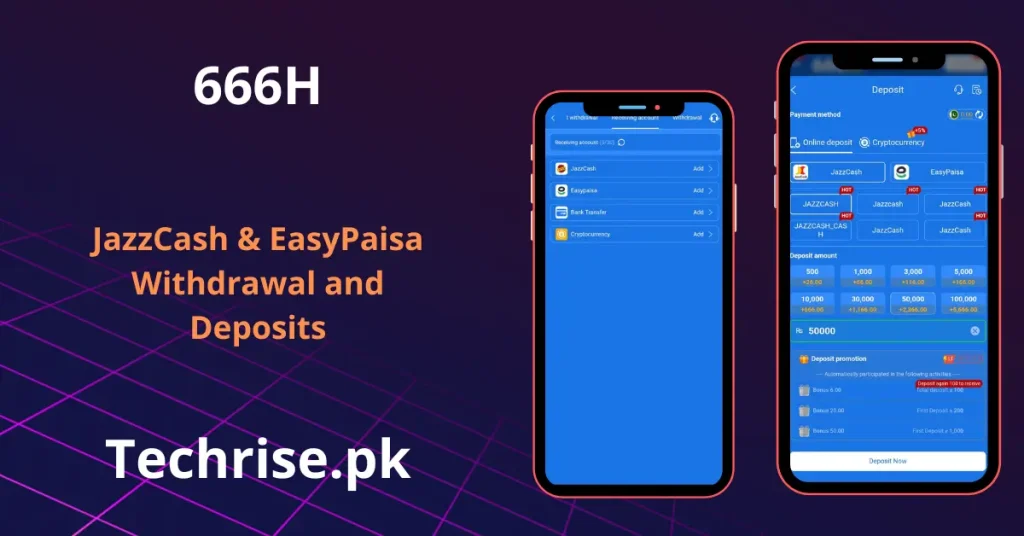 666H deposit and withdrawal screen showing JazzCash, Easypaisa and cryptocurrency payment options