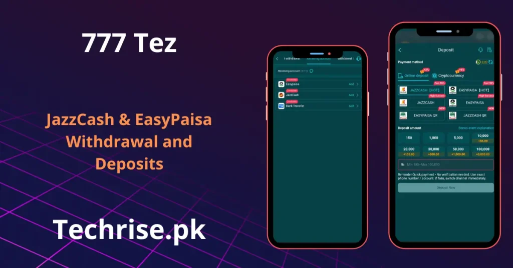 777 Tez app deposit and withdrawal screen with JazzCash and EasyPaisa payment methods.