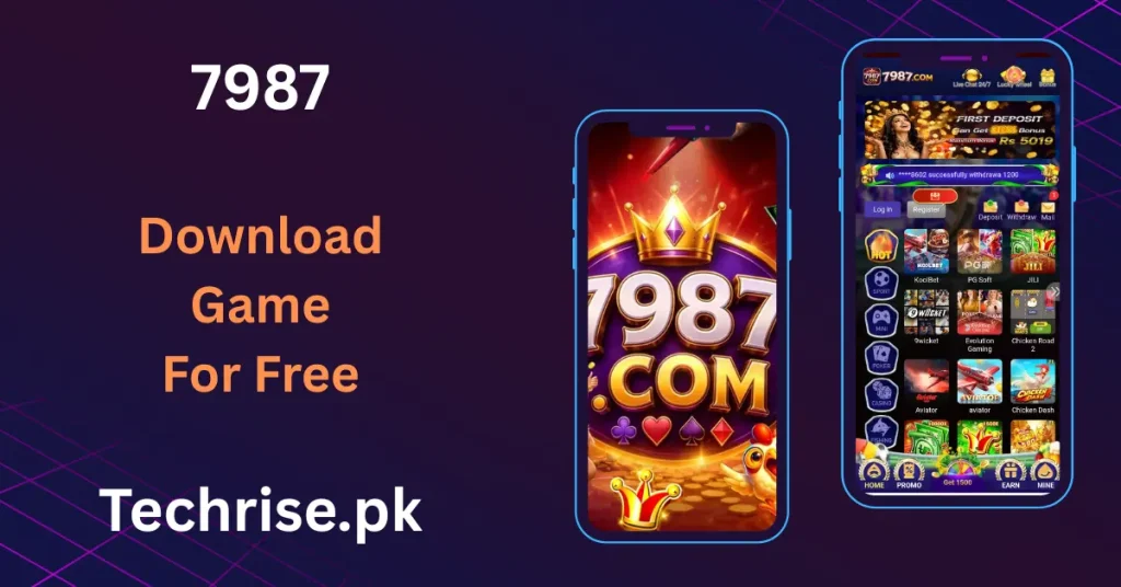 7987 game download home interface showing first deposit bonus and slot casino games for Pakistan.