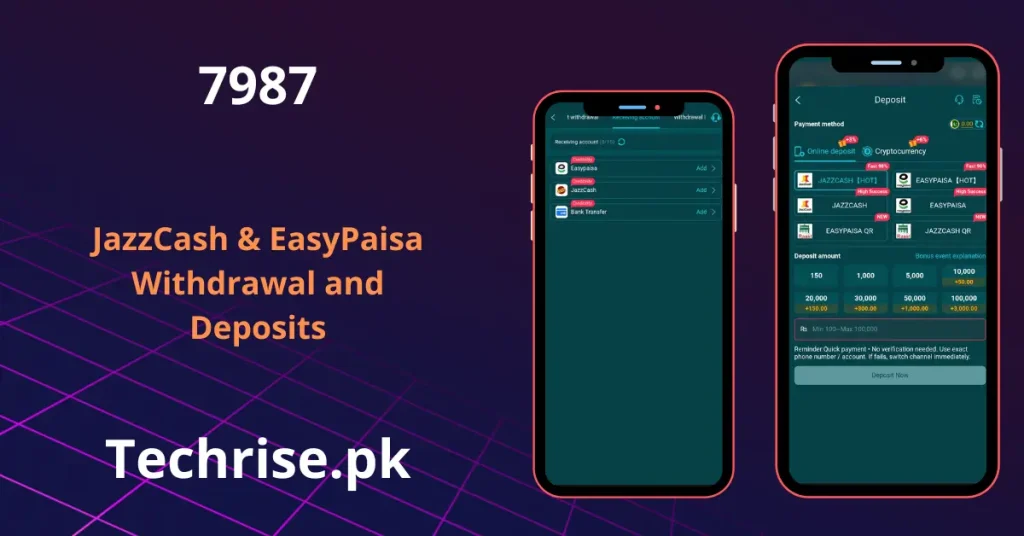 7987 app deposit and withdrawal screen showing JazzCash and EasyPaisa payment options.