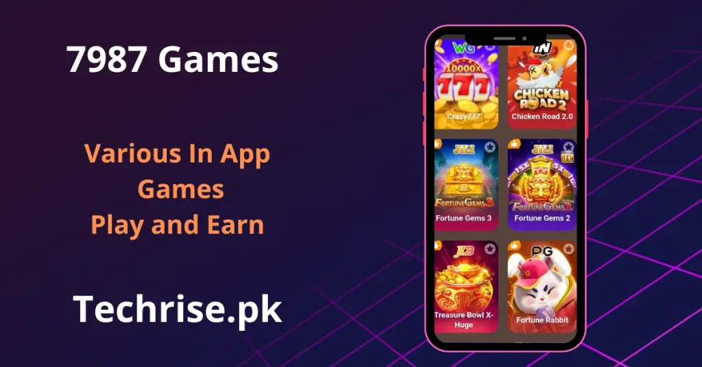 7987 app in-app games screen featuring Crazy777, Chicken Road 2 and Fortune Gems slot games.