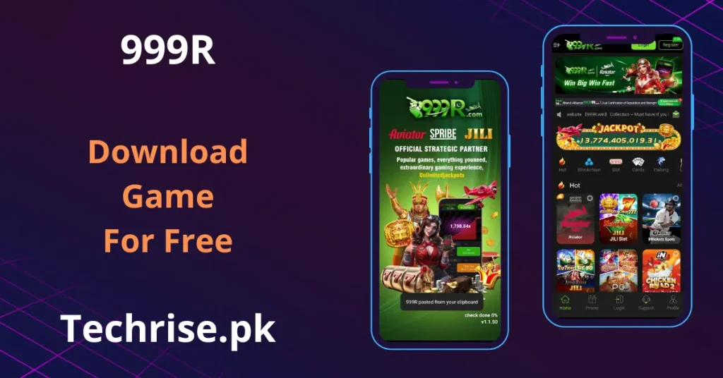 999R.app loading screen and home interface with Aviator, JILI slots and unlimited jackpots.