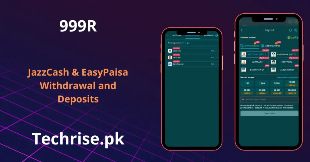999R app deposit and withdrawal screen showing JazzCash and EasyPaisa payment options for Pakistani users.