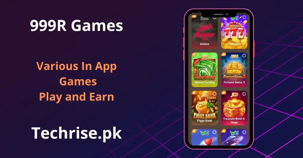 999R Games app in-app games screen featuring Aviator, Crazy777, Money Coming and Piggy Bank slots.