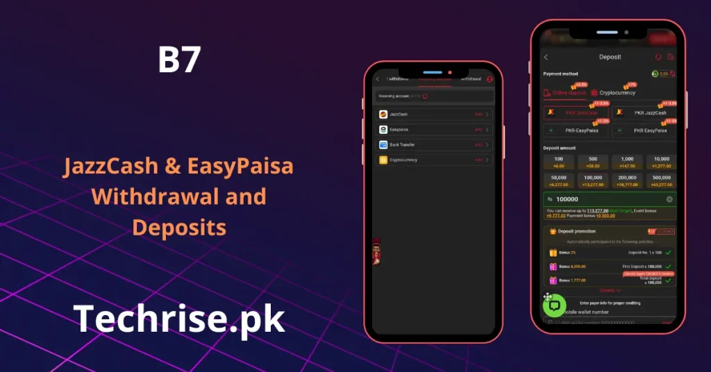 B77 Bet Game deposit and withdrawal screens showing JazzCash and Easypaisa payment options