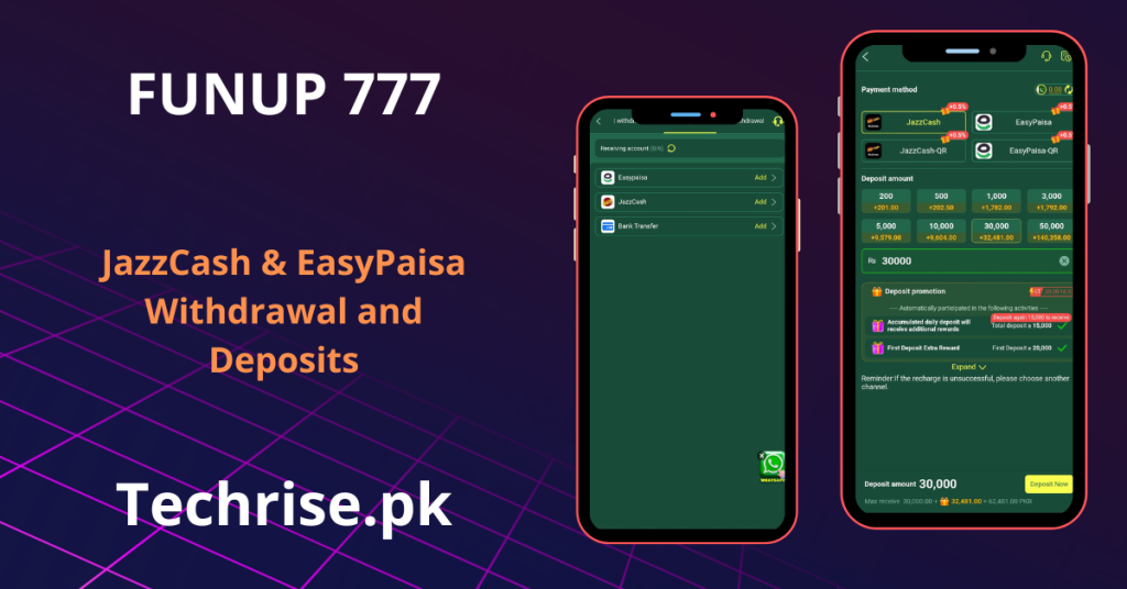 Funup777 deposit and withdrawal screen showing JazzCash, Easypaisa and bank transfer options