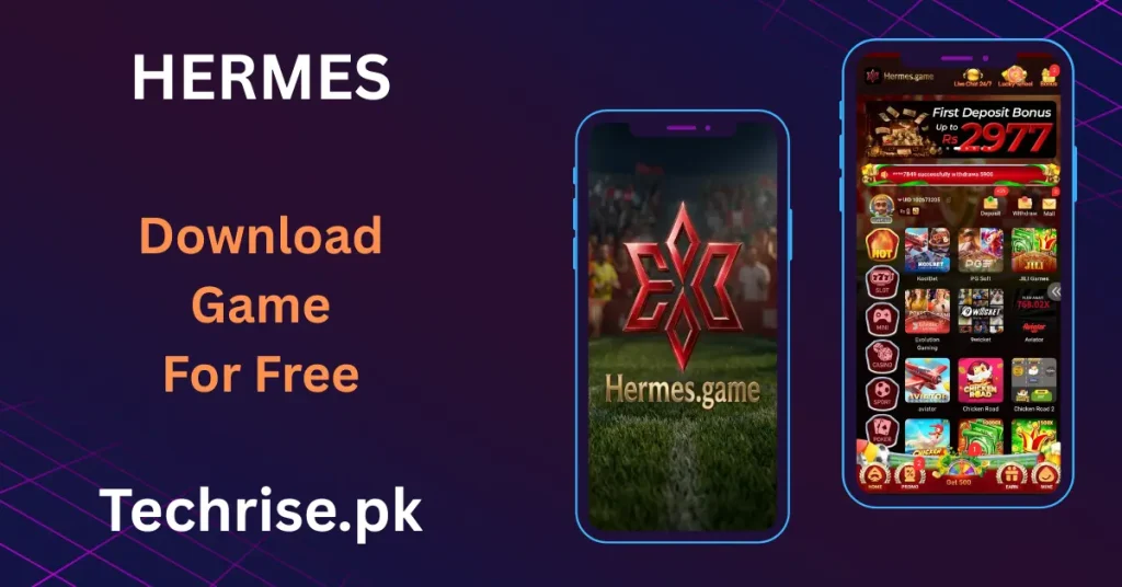 Hermes app home interface showing first deposit bonus and slot casino games.