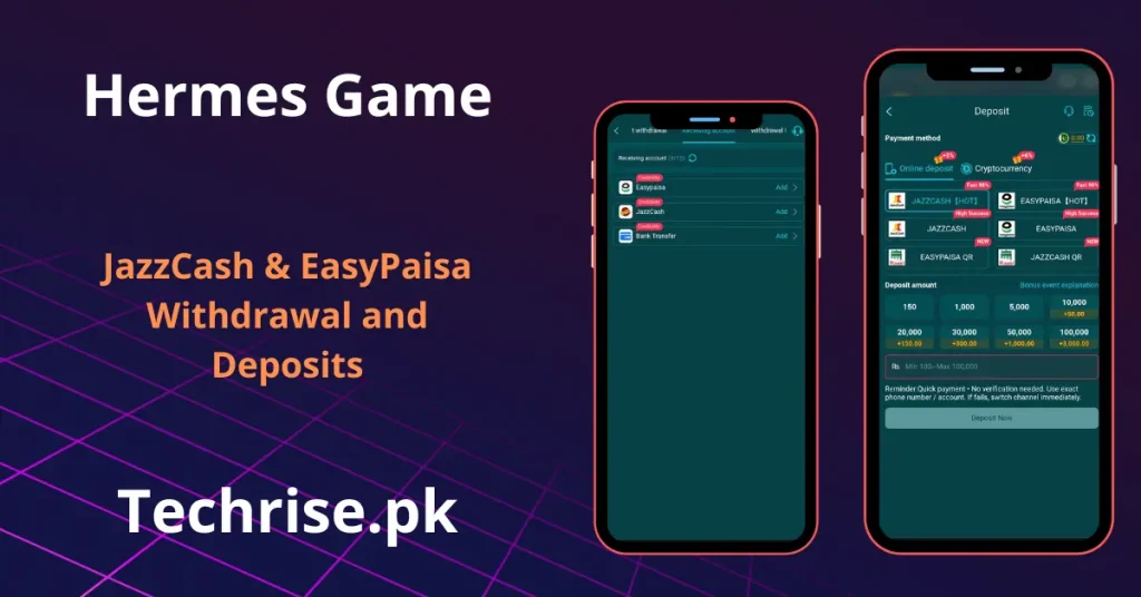 Hermes game app deposit and withdrawal screen showing JazzCash and EasyPaisa payment options.