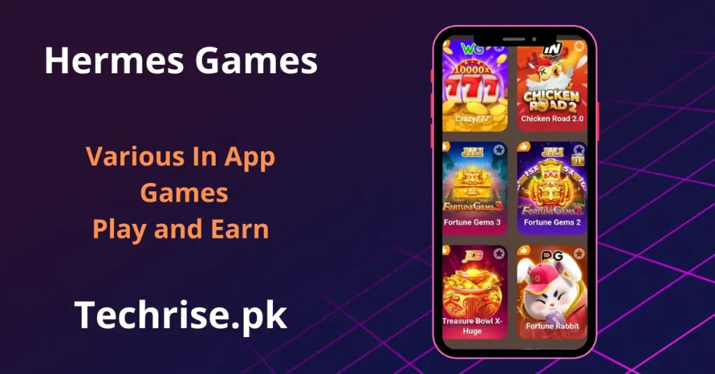 Hermes in-app games screen with Crazy777, Chicken Road 2 and Fortune Gems slots.