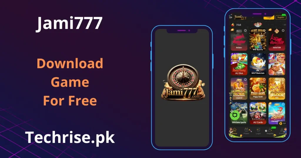 Jami777 Game APK splash screen and home dashboard with Aviator, slots, and card games in Pakistan