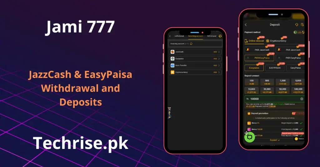 Jami777 Game deposit and withdrawal screens showing JazzCash and Easypaisa payment options