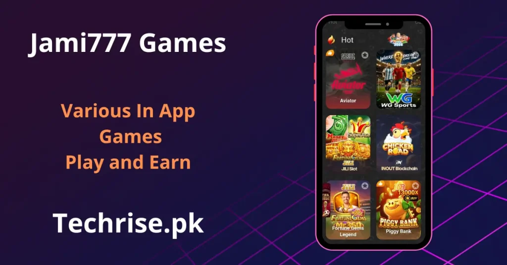 Jami777 Game in-app games screen featuring Aviator, JILI slots, and card games