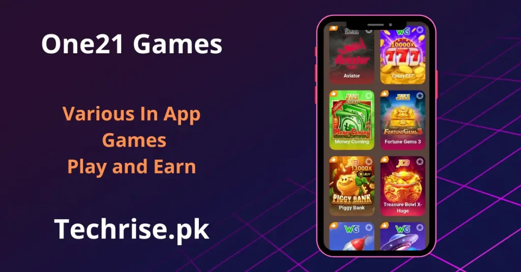 One21 Games app in-app games screen featuring Aviator, Crazy777, Money Coming and Piggy Bank.