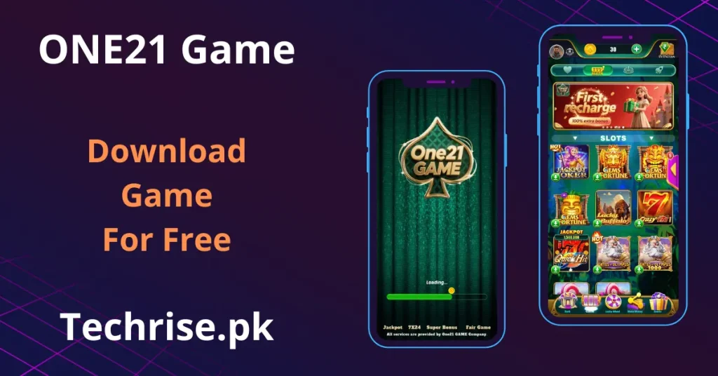 One21 Game app loading screen and home interface with slots, jackpot and first recharge bonus.