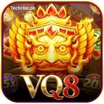 VQ8 app logo icon featuring a golden mythical bird or deity mask design with red gemstone accents on a dark background. The icon represents the VQ8 earning game available for download.