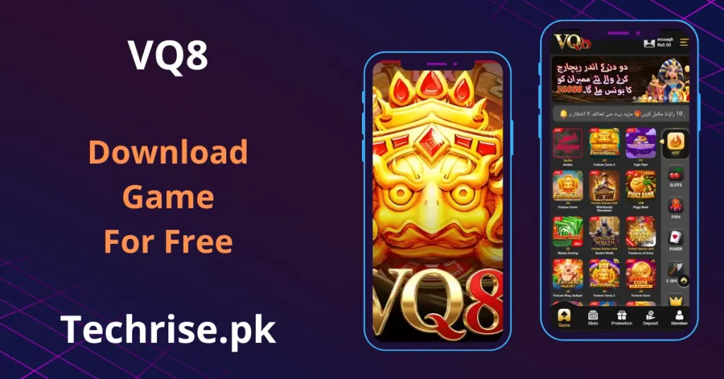 Screenshot of the VQ8 earning game home screen showing a promotional banner in Urdu about recharge bonuses, along with a grid of slot and mini games including Aviator, Fortune Gems, and Piggy Bank. The second phone screen displays the VQ8 splash/loading screen with its golden mascot artwork.