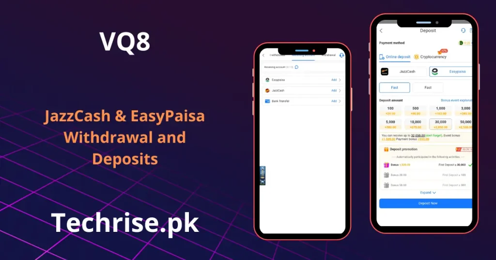 Screenshot of the VQ8 app showing the withdrawal accounts screen with EasyPaisa, JazzCash, and Bank Transfer options, alongside the deposit screen with amount tiers from Rs 100 to Rs 50,000 and bonus percentages. A deposit promotion panel highlights first-deposit bonuses and event rewards.
