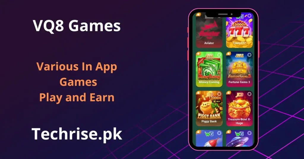 Screenshot of the VQ8 in-app game library showing titles such as Aviator, Crazy777, Money Coming, Fortune Gems 3, Piggy Bank, and Treasure Bowl. These represent the variety of mini games users can play inside VQ8 to earn coins.