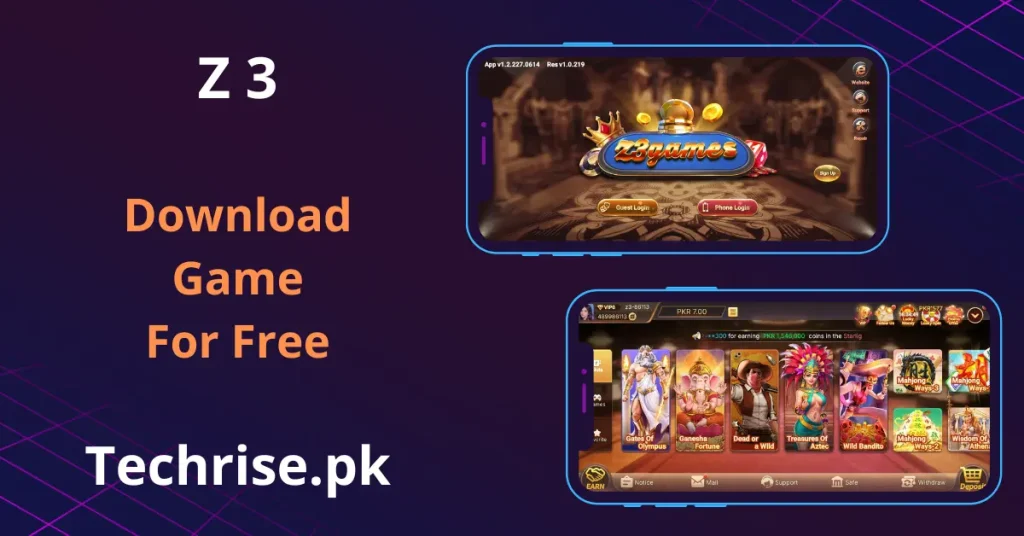 Z3 Game login screen and slot dashboard showing Gates of Olympus and Mahjong Ways in Pakistan
