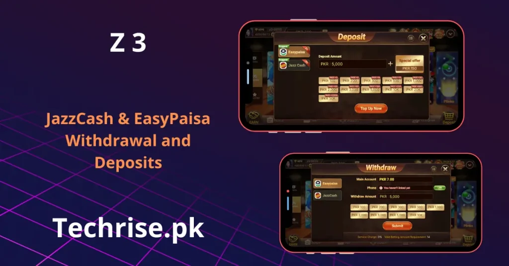 Z3 Game deposit and withdrawal popups showing JazzCash and Easypaisa payment options